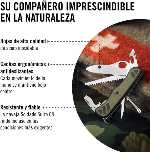 Vista 7 de Victorinox - Cuchillo suizo para soldado 08, 10 funciones, color oliva/negro Large one-handed lock blade with wavy edge, wood saw, screwdrivers
