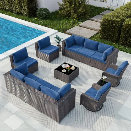 Vista 46 de Gotland Juego de muebles de patio de 6 piezas con 1 mesa auxiliar, 5 plazas de ratán seccional para exteriores con reposabrazos anchos de 29.5 Gris