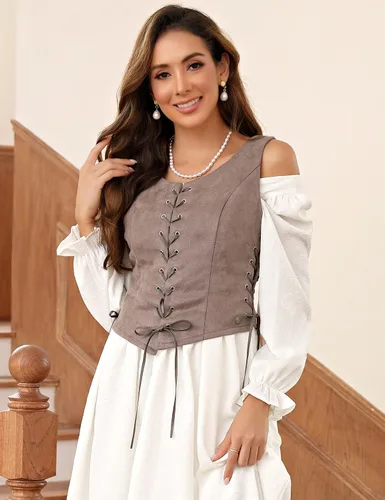 Vista 3 de KOJOOIN Chaleco pirata renacentista para mujer, disfraz de cosplay bajo el busto, corsé gótico