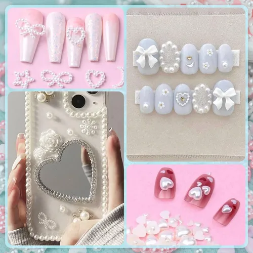 Vista 6 de 1200 piezas de dijes de uñas 3D con formas múltiples y perlas de base plana, estilos mixtos blanco y rosa, corazones, estrellas, lazos, girasoles