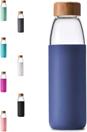 Vista 13 de Botellas de agua de vidrio de borosilicato de 18 onzas con tapa de bambú, sin BPA, funda de silicona antideslizante y tapa a prueba de fugas de Negro