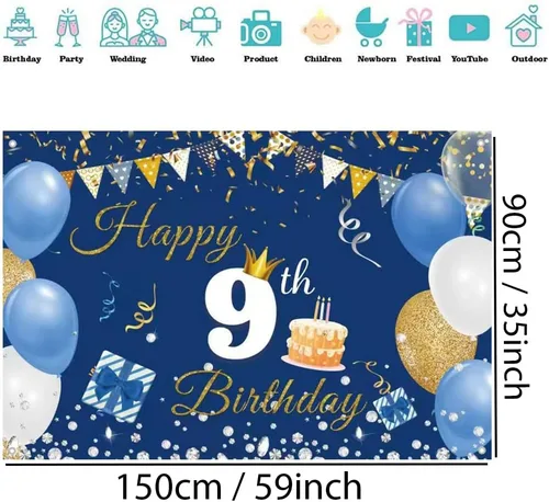 Vista 2 de Decoraciones de 9º cumpleaños para niños y niñas, cartel de telón de fondo de feliz cumpleaños 9 años, cartel de tela con texto en inglés "Happy 9