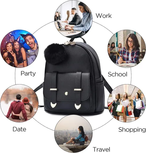 Vista 6 de I IHAYNER Mochila de moda para niñas, mini mochila para mujeres, adolescentes y niñas, monederos de piel sintética con pompón, bolsa de hombro