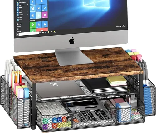 Vista 17 de OPNICE Soporte elevador de monitor doble con cajón y 2 soportes para bolígrafos, organizador de escritorio para suministros de oficina, soporte