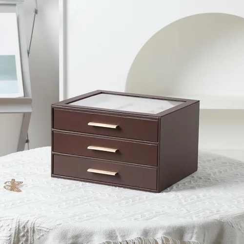 Vista 6 de Frebeauty Joyero para mujer, organizador de joyas con tapa transparente con 3 cajones Marrón Oscuro