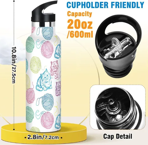 Vista 2 de Botella de agua deportiva sin BPA a prueba de fugas con asa, líneas coloridas, aislamiento de doble pared para gatos, para deportes, viajes