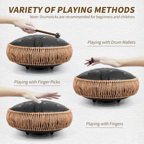 Vista 5 de Tambor de Lengua de Acero - 12 Pulgadas 15 Notas, Tambores de Lengua de Acero para Niños y Adultos, Handpan de Acero con Mazos, Hang Drum con Libro
