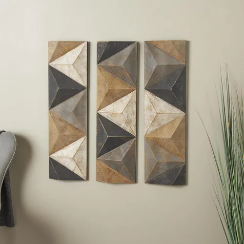 Vista 3 de Deco 79 Decoración de pared geométrica de madera, juego de 3 arte de 11 pulgadas de ancho, 36 pulgadas de alto, marrón