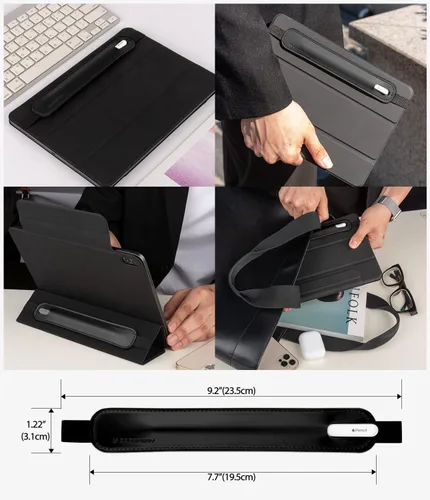 Vista 2 de Goospery Soporte para lápices compatible con Apple Pencil (1ª y 2ª generación) Funda de piel sintética, accesorios de bolsillo, banda elástica, Negro