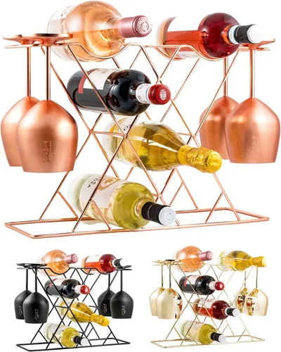Vista 8 de Gusto Nostro Estantes de vino pequeños para 8 botellas y 4 vasos, estante de vino para encimera con soporte para vidrio, moderno estante de vino