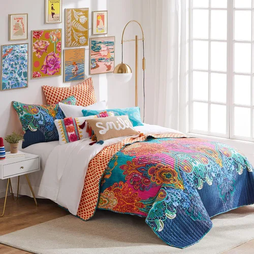 Vista 9 de Levtex Home - Juego de colcha Mackenzie - Colcha individual y una funda estándar - Bohemia - Verde azulado, naranja, amarillo, verde, azul - Colcha