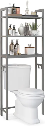 Vista 10 de LOKO Estante de almacenamiento de 3 niveles sobre el inodoro, organizador de baño con dispositivo antivuelco, 3 ganchos, soporte de metal sobre