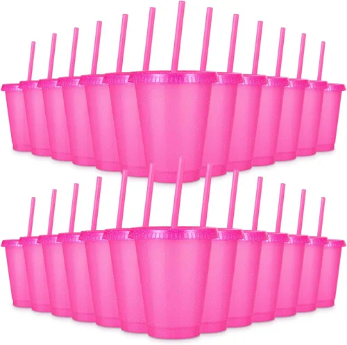 Vista 10 de 24 Piezas Vasos de Plástico con Tapas y Pajitas, Vasos Reutilizables con Tapas Vasos Coloridos de Plástico para Fiesta de Cumpleaños, Taza de Café