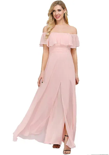 Vista 5 de Vestido largo de fiesta con hombros descubiertos y volantes para mujer