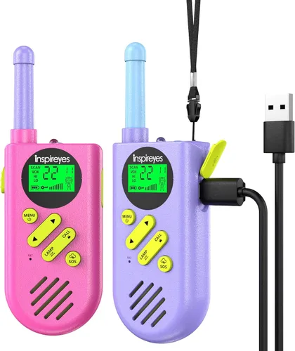 Vista 11 de Inspireyes Walkie Talkies para niños recargables, juguetes para niños y niñas de 3 a 12 años, paquete de 2 radios bidireccionales de largo alcance
