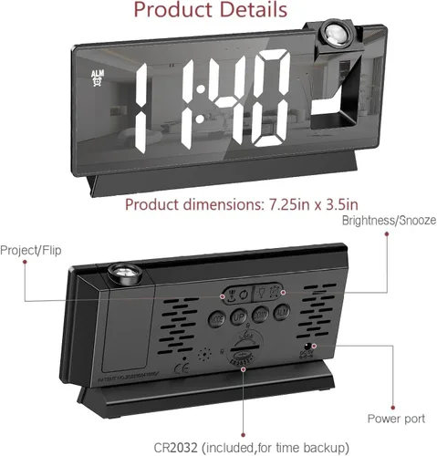 Vista 9 de LOFICOPER Reloj despertador de proyección, reloj digital de espejo de 7.8 pulgadas con proyector giratorio de 180°, brillo de 4 niveles, repetición