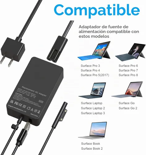 Vista 5 de TREE.NB Cargador para laptop Surface Pro 15V 2.58A 44W Fuente de alimentación para Microsoft Surface Book Surface Pro 8/7/6/5/4/3 Laptop 1/2/3