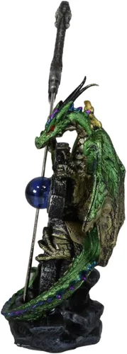 Vista 3 de Ebros Gift Legendario dragón celta metálico verde tierra sosteniendo una cruz alta con orbe azul y garra draconiana, abrecartas figurita