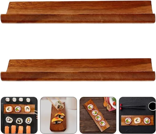 Vista 9 de BESTonZON Plato de sushi japonés de madera: 2 piezas de sashimi de bambú para servir Geta, placa de sushi, plato de postre de frutas, bandeja