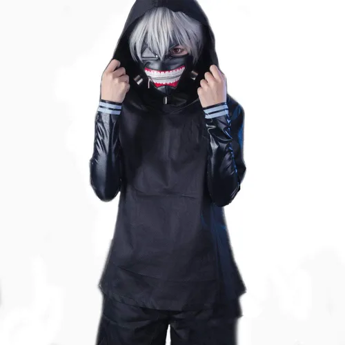 Vista 4 de Kaneki Ken - Disfraz de cosplay de uniforme de batalla, conjunto completo con máscara