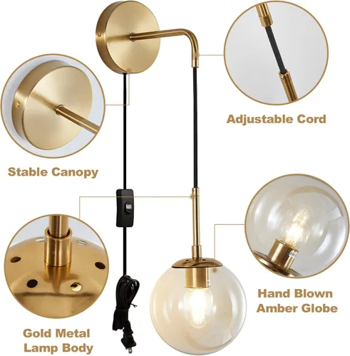 Vista 3 de KCO Lighting - Lámpara de pared moderna con globo dorado de mediados de siglo con cable de enchufe, aplique de pared minimalista con bola de vidrio