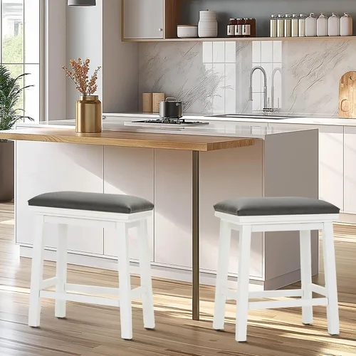 Vista 8 de Taburete de bar gris de madera maciza para encimera de cocina, taburete de bar con asiento de cuero sintético, taburete tapizado para isla de 34 a