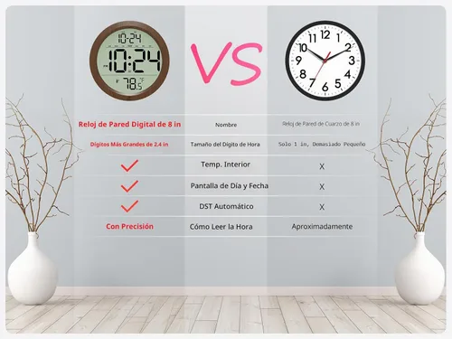 Vista 2 de Reloj de pared digital con fecha, temperatura interior, DST automático, reloj digital a batería, reloj de pared pequeño de madera decorativo de 8