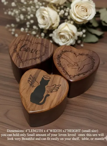 Vista 2 de Urna de recuerdo grabada en forma de corazón de madera, urna de cremación para cenizas de mascotas, perros y gatos, hecha a mano para cenizas