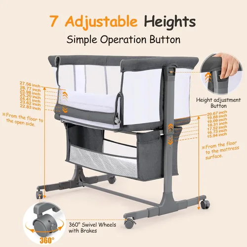 Vista 7 de Ezebaby Cuna junto a la cama para bebé, moisés portátil junto a la cama para recién nacidos con ruedas, cesta de almacenamiento, ajustable a 7 Gris