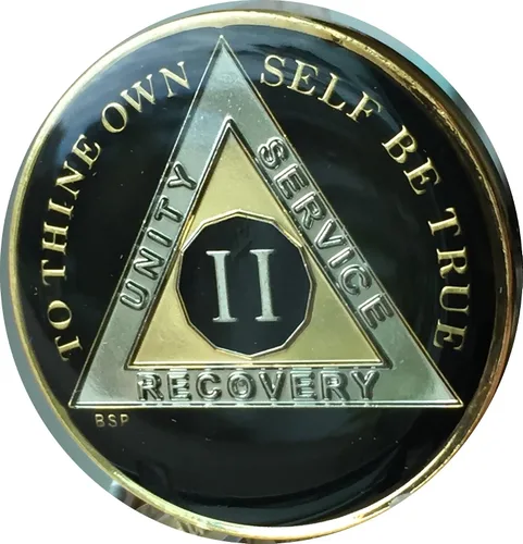 Vista 3 de Blue Star Press 2 años Classic Black AA Medallion Sobriety Chip Tri Plate chapado en oro y níquel