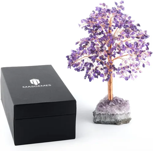 Vista 5 de MASGEMES Árbol de cristal grande de amatista natural con base de racimo de amatista árbol de Feng Shui curativo árbol de dinero bonsái para riqueza