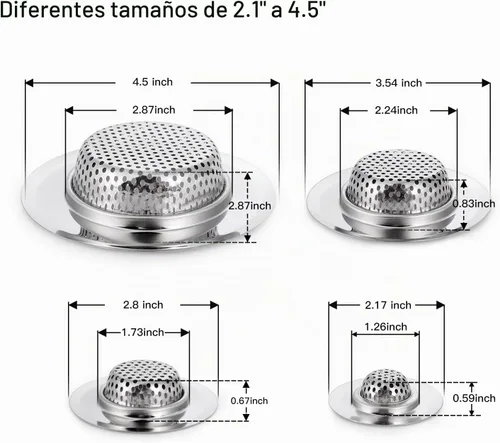 Vista 2 de CORNERJOY Paquete de 4 coladores de drenaje de fregadero de cocina de acero inoxidable resistente, cubierta de drenaje de ducha, tapón de drenaje