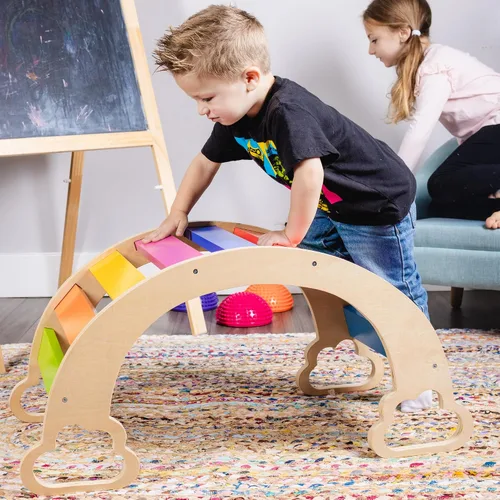 Vista 4 de Waldorf Rocker Board para niños pequeños, tabla de escalada y mecedora segura y no tóxica