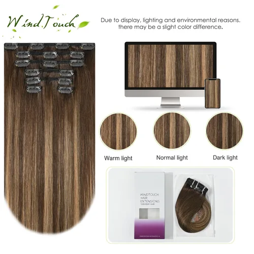 Vista 86 de WindTouch - Extensiones de cabello humano real con clip, color marrón claro a rubio con reflejos #6P613, 22 pulgadas, 4.33 onzas, 7 piezas #6p613