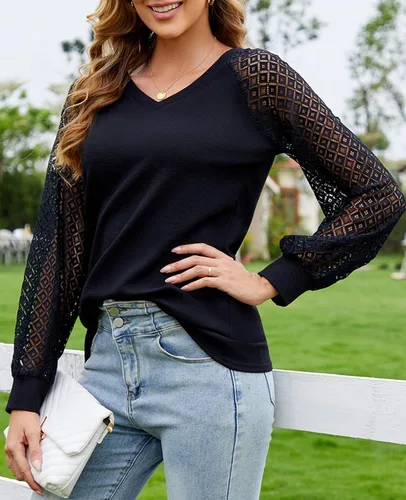 Vista 6 de MINTLIMIT Blusa de manga larga con encaje para mujer, estilo informal, elegante, de verano, holgada, de punto, cuello en V, sin botones Negro