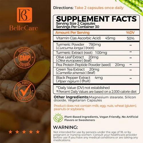 Vista 2 de BELLECARE Suplemento de cúrcuma de 780 mg con pimienta negra, vitamina C, té verde y péptidos de guisantes, apoyo antioxidante para la salud
