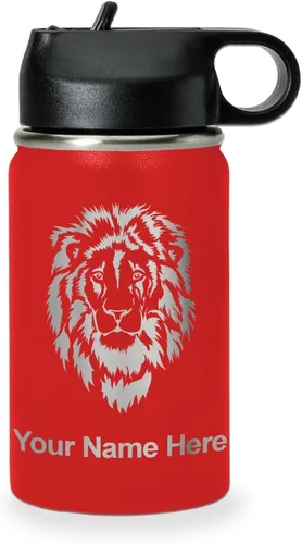 Vista 12 de LaserGram Botella de agua personalizada, cabeza de león, acero inoxidable de doble pared aislada al vacío con popote superior, regalo grabado