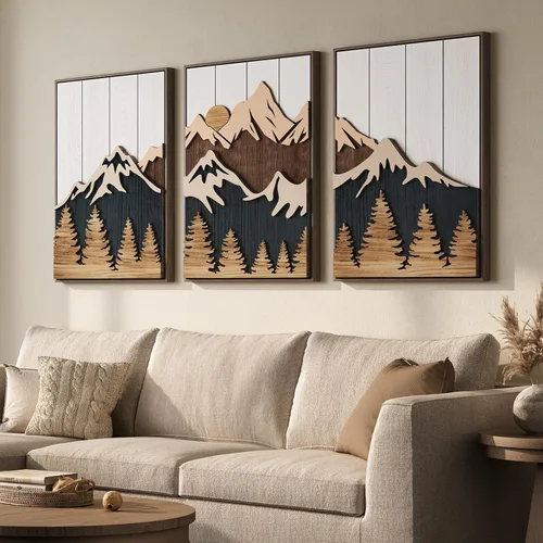 Vista 12 de Arte de pared de madera 3D con textura bohemia 3D para dormitorio, 3 piezas de arte de madera tallada botánica tropical para paredes, hoja de Marrón