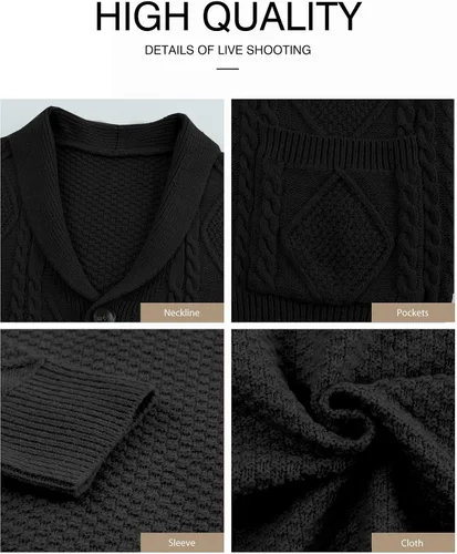 Vista 5 de JMIERR Suéter casual de manga larga con cuello de chal y botones para hombre con bolsillos
