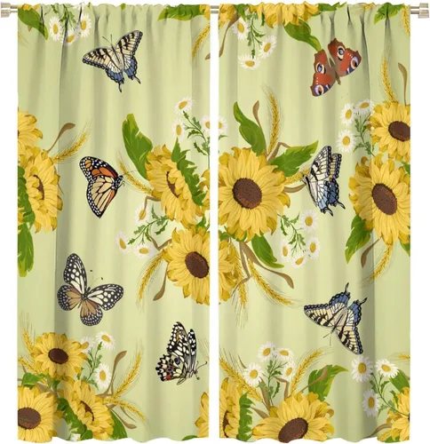 Vista 28 de Cortinas opacas de girasol, diseño natural, de granja, floral, con bolsillo para barra, para ventana, para dormitorio, sala de estar, 42 x 45