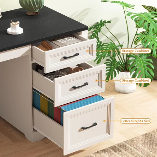 Vista 3 de Vabches Escritorio ejecutivo de granja con cajones, escritorio de oficina en casa con cajón de archivos, escritorio de madera para computadora