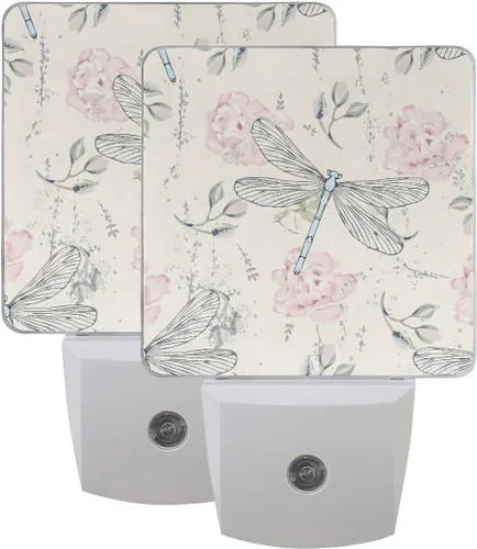 Vista 7 de Lámpara de noche LED enchufable con sensor de luz, libélulas florales grungy, luz blanca, paquete de 2 unidades, para pasillo, baño, dormitorio