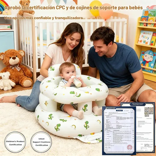 Vista 4 de EXBEPE - Asiento de bebé inflable grueso con parachoques delantero Blanco con patrón de dinosaurio verde