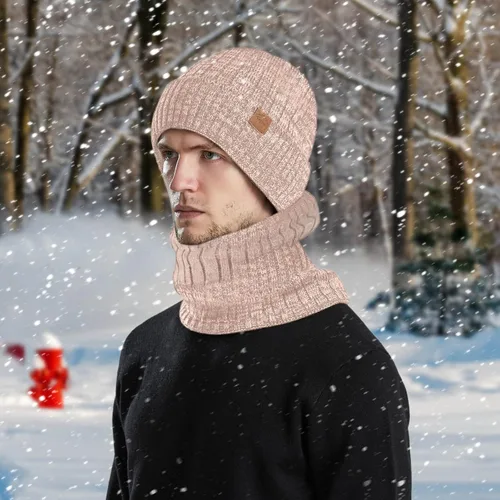 Vista 5 de Conjunto de gorro de invierno para hombre y mujer, gorro de punto holgado, gorro de calavera con puños acanalados, gorro térmico elástico