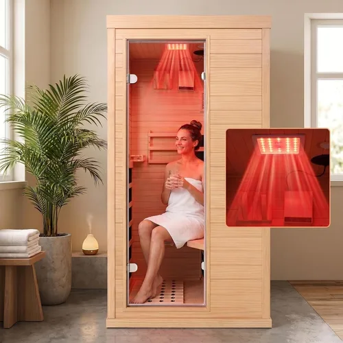 Vista 26 de Sala de sauna de infrarrojo lejano de 1350W para el hogar, sauna de madera canadiense de Hemlock de calentamiento rápido bajo EMF, luz de sauna que