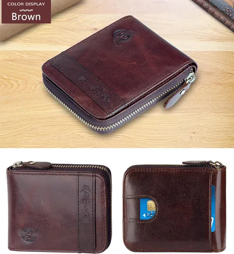 Vista 2 de Admetus - Billetera doble de cuero genuino, pequeña, con cremallera, para hombre
