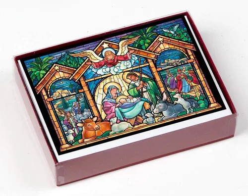 Vista 3 de Tarjetas de Navidad religiosas de la natividad de vitrales, caja de 15 tarjetas y 16 sobres