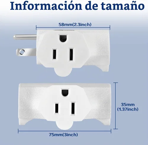 Vista 3 de Adaptador de pared de 3 tomacorrientes en forma de T, extensor de enchufe de 3 clavijas con conexión a tierra, 125 V 1875 W, enchufe de pared