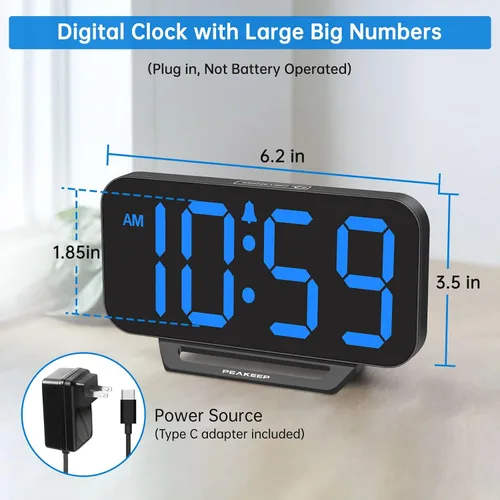 Vista 2 de Peakeep Small Digital Alarm Clock for Bedrooms, Loud for Heavy Sleepers Dimmable Plug in Electric Large Numbers Clock Battery Backup, Slim Clock