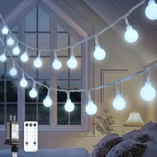 Vista 8 de JMEXSUSS Luces de Cuerda de Globo, Luces de Navidad Rojas y Blancas, Enchufe de 100 LED Globe String Lights Plug in with Remote, 33 ft 8 Modes